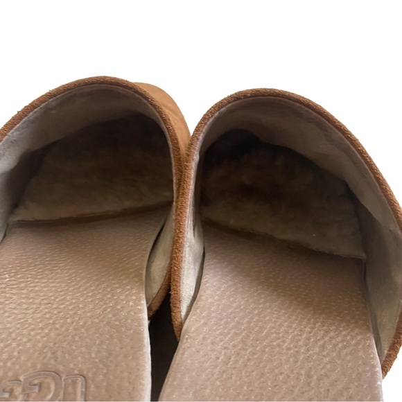 Ugg suede tan leather clogs mules slides wooden chunky heel shearling lining - Picture 7 of 10